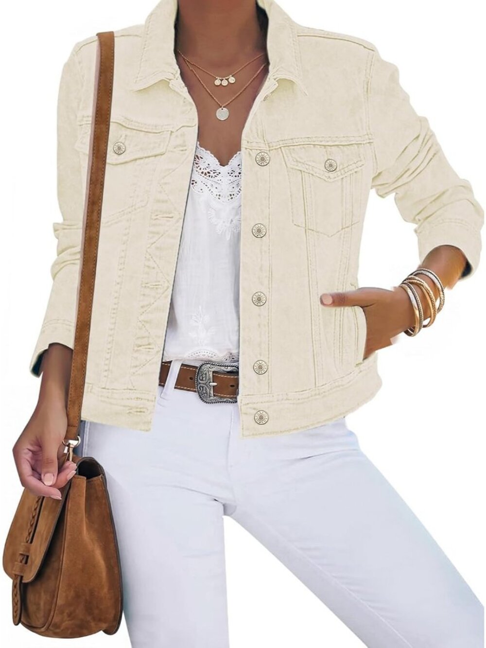 Women's Cream Cotton Button Down Stretch Fitted Long Sleeve Jean Jacket